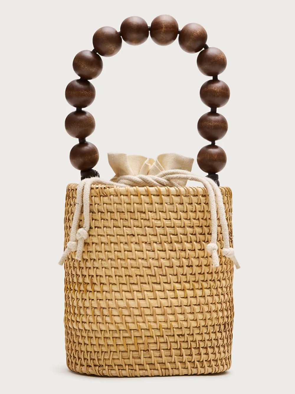 J. Crew Handknotted rattan bucket bag with wood beads